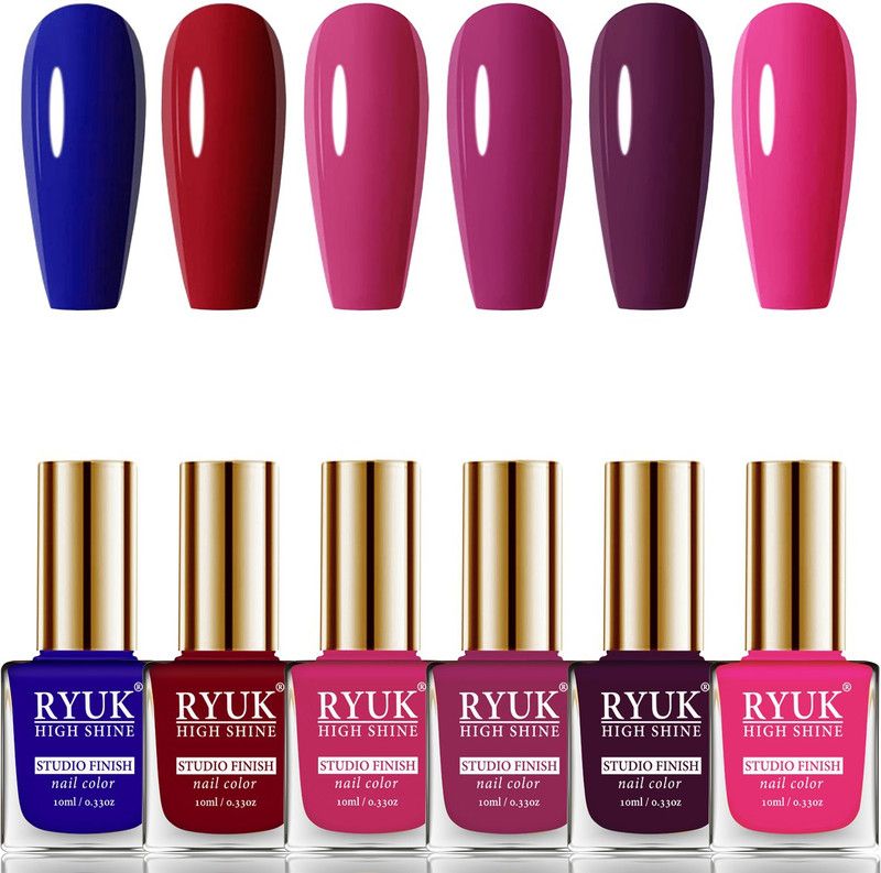 RYUK Long Shine HD Colors Nail Polish Combo Offer Set of 6 Pcs RNPS-55 Blue, Blued Red, Magenta, Dark Magenta, Wine, Passion Pink  (Pack of 6)