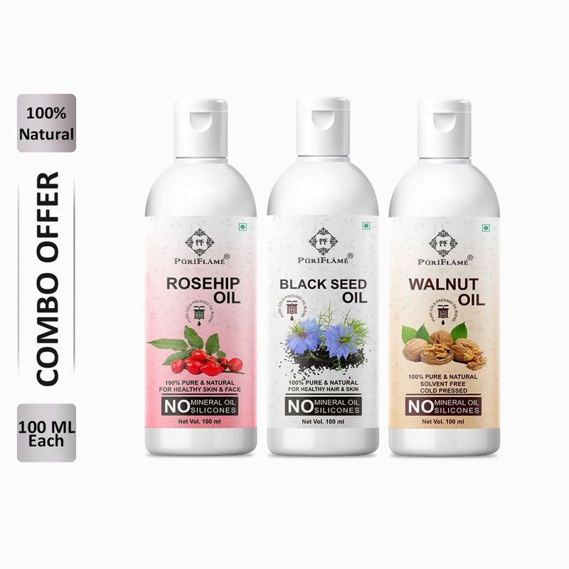 PuriFlame 100% Pure Rosehip Oil 100ML & Blackseed Oil 100ML & Walnut Oil 100ML Combo For Rapid Hair Growth, Anti Hair Fall, Split Ends & Promotes Softer & Shinier Hair (Pack Of 3) Hair Oil  (300 ml)