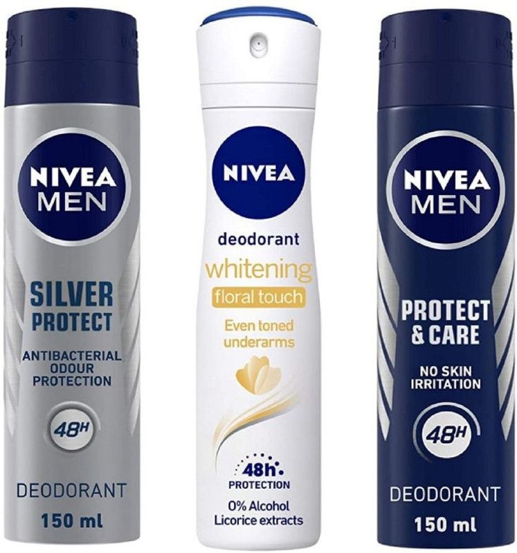 NIVEA Silver Protect Deo 150 ml , Whitening Floral Touch Deo 150 Ml , Protect Care Deo 150 ml (Pack of 3) # 202 Deodorant Spray - For Men & Women  (450 ml, Pack of 3)