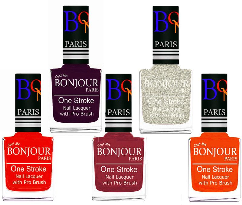 BONJOUR PARIS Stylish Nail Polish Set of 5 Pcs 01-02-03-38-46 Orange-Plum-Maroon-Glitter White-Neon Orange  (Pack of 5)