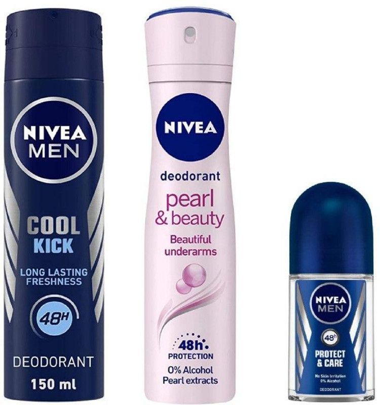 Nivea Cool Kick Deo, Pearl & Beauty Deo, Protect & Care Roll On 50Ml Deodorant Spray - For Men & Women  (350 ml, Pack of 3)