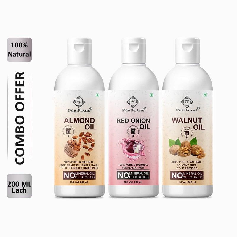 PuriFlame 100% Pure Almond Oil 200ML & Red Onion Oil 200ML & Walnut Oil 200ML Combo For Rapid Hair Growth, Anti Hair Fall, Split Ends & Promotes Softer & Shinier Hair (Pack Of 3) Hair Oil  (600 ml)