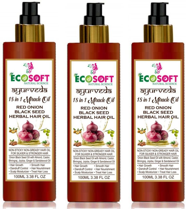 ECOSOFT AYURVEDA 18 in ONE Miracle Red Onion Black Seed Herbal Hair Oil for Hair Growth with Argan,Jojoba, Aloevera,Ginger, Sandalwood,Bhringraj or VIT-E. (3) Piece Hair Oil  (100 ml)