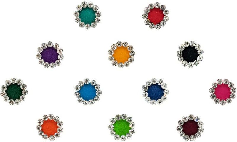 Comet Busters Multicolor Round Velvet Bindi With Silver Stone Border (6.5mm) (BV1641) Forehead Multicolor Bindis  (Designer Bindi)