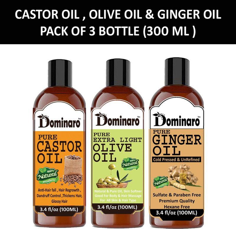 Dominaro 100 % Pure & Natural Castor Oil & Olive Oil & Ginger Oil (Combo Pack of 3 Bottle 300ml) Hair Oil  (300 ml)
