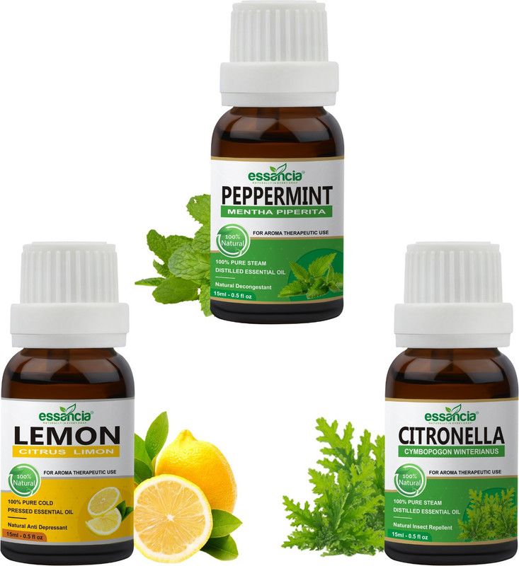 essancia Pack of 3 Essential Oils Peppermint, Lemon, Citronella Essential Oils Combo for skin, Treats Acne, Improves Sleep, hair, face & Aromatherapy. 100% Pure, Natural, Undiluted, & Therapeutic Grade Essential Oils.  (45 ml)