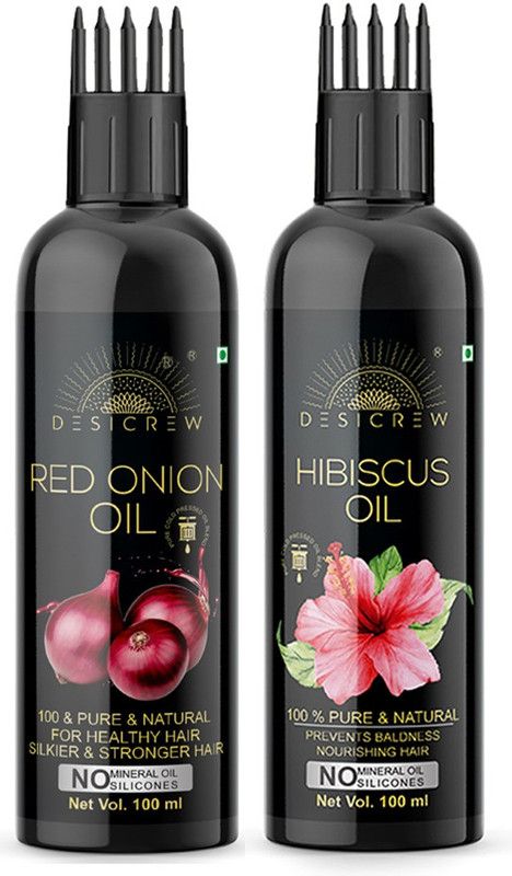 Desi Crew 100 % Pure Red Onion & Hibiscus oil - WITH COMB APPLICATOR - Cold Pressed - For Skin , Body & Hair Care Combo Of 2 Bottle 200 ml Hair Oil  (200 ml)