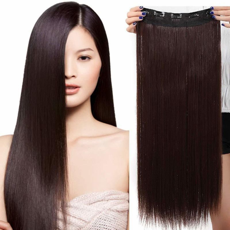 DELORUS Brown Straight 5 Clips In Synthetic Extensions for Women and Girls Hair Extension