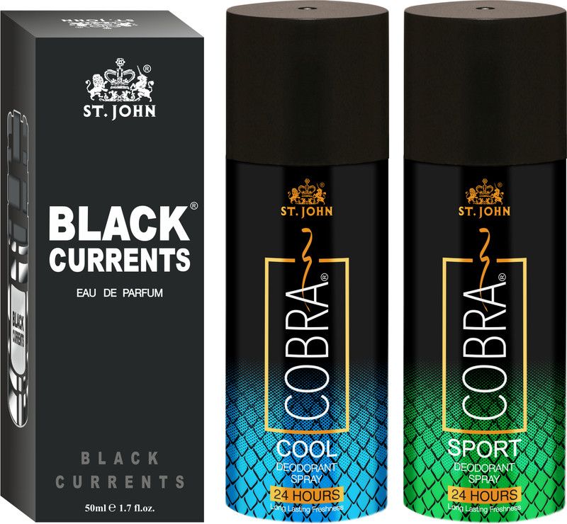 ST-JOHN Cobra Deodrant Cool & Sports 150 ml each & Black Current 50ml Perfume Combo Pack Perfume Body Spray - For Men & Women  (350 ml, Pack of 3)