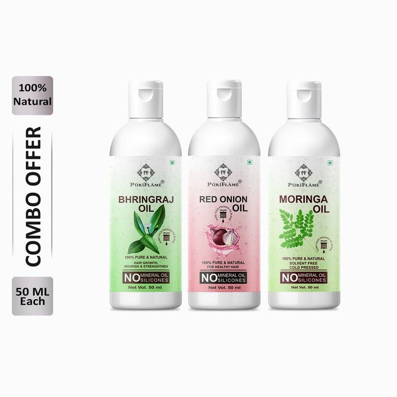 PuriFlame 100% Pure Bhringraj Oil 50ML & Red Onion Oil 50ML & Moringa Oil 50ML Combo For Rapid Hair Growth, Anti Hair Fall, Split Ends & Promotes Softer & Shinier Hair (Pack Of 3) Hair Oil  (150 ml)