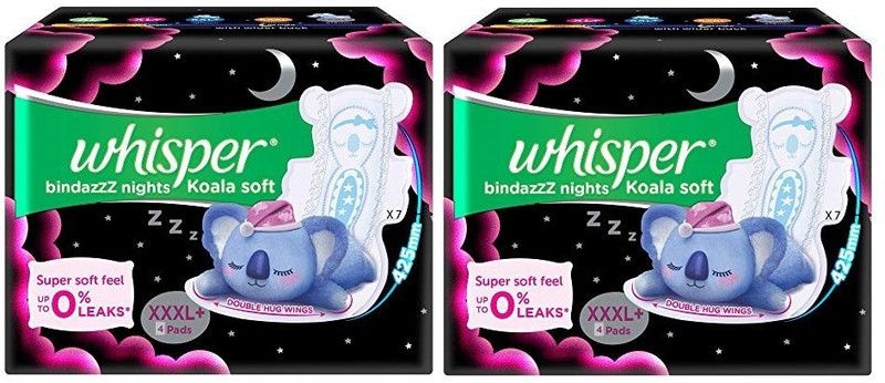 Whisper bindazzZ nights Koala Soft XXXL Plus - 4+4 Pads Sanitary Pad  (Pack of 2)