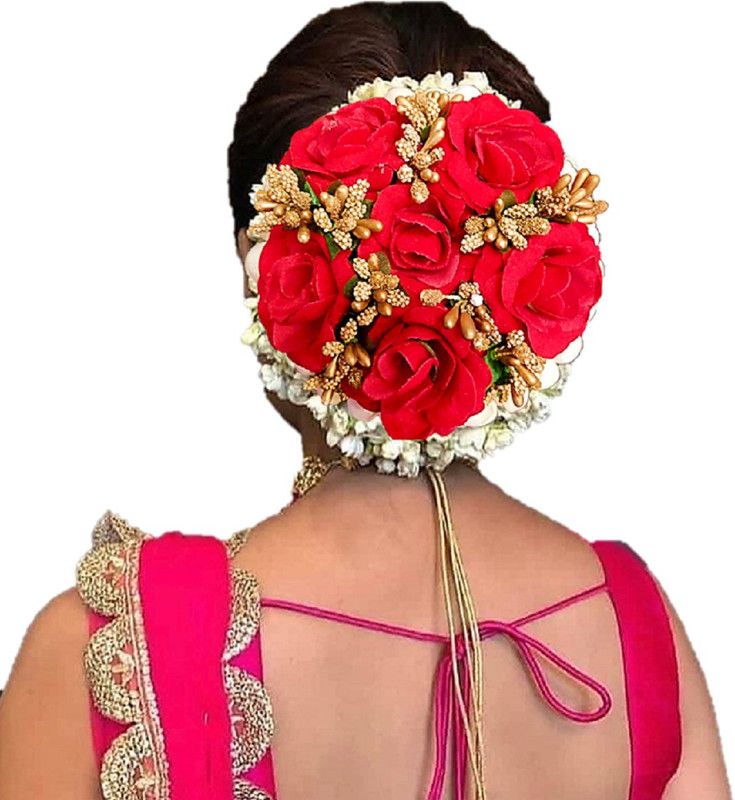 Proplady Wedding Collection Roses & Mogras Embellished Full Cover Hair Gajra, Bun Maker, Hair Brooch for Girls & Women|Bridal Hair Bun  (Red, White, Gold)