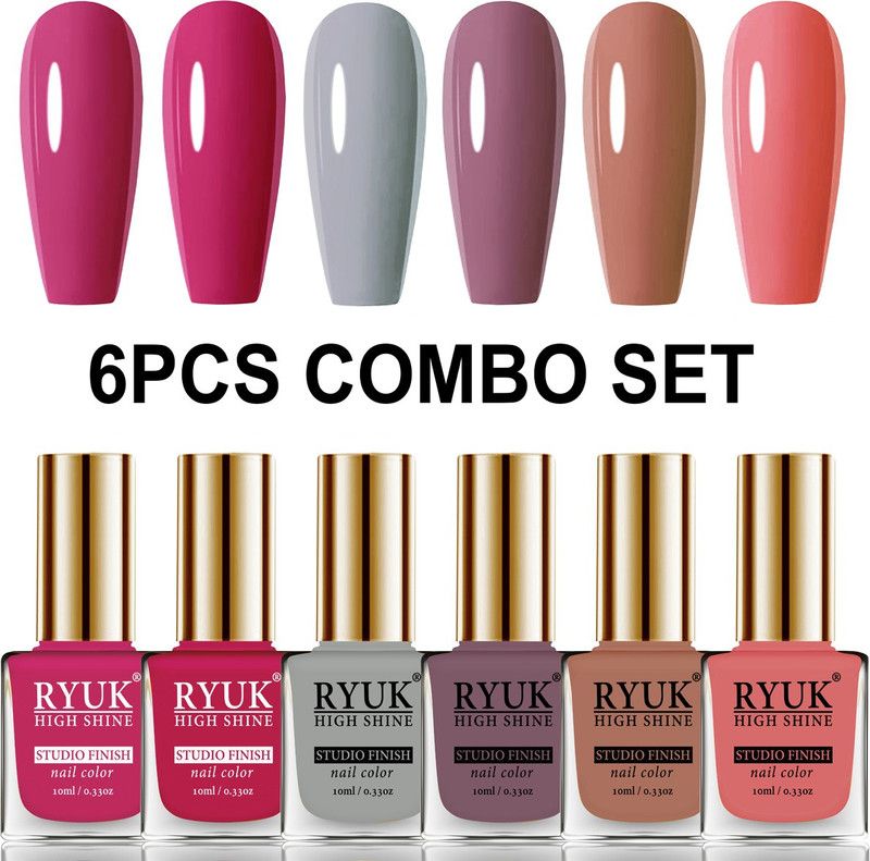 RYUK Long Shine HD Colors Nail Polish Combo Offer Set of 6 Pcs MRYNK-17 Magenta, Red Magenta, Light Grey, Purple Nude, Bronze Solid, Pink Peach  (Pack of 6)
