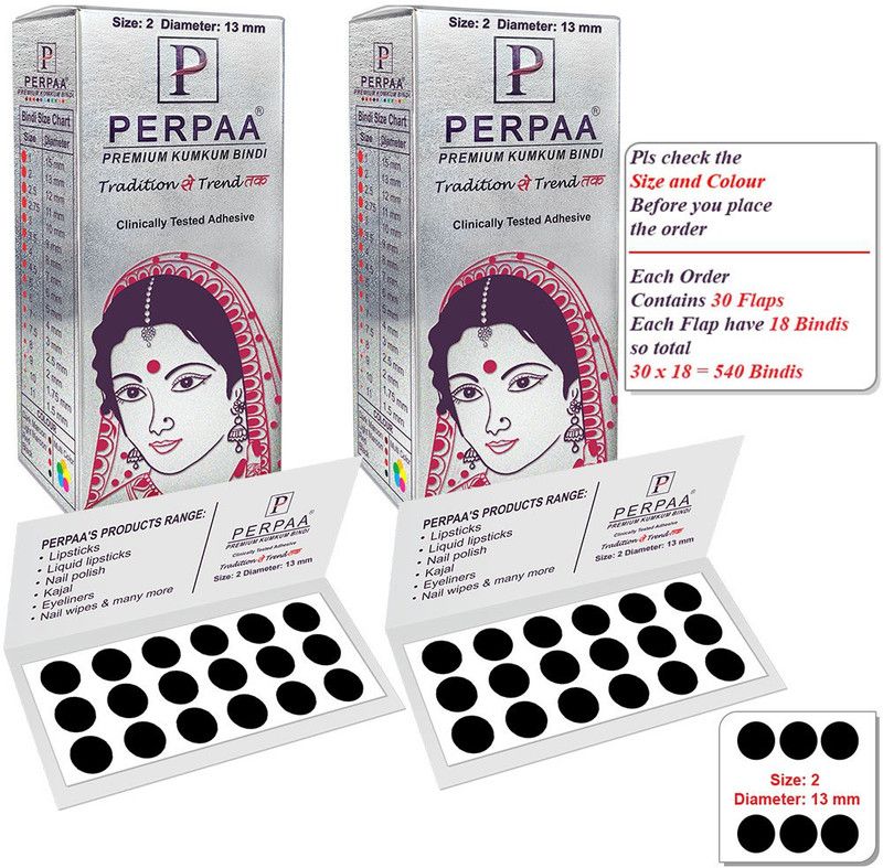 Perpaa Premium Velvet Sticker Kumkum Black Bindi Box of 15 Flaps Each Pack of 2 for Women,Ladies, Girls (Size 2 Diameter 13mm) Black Bindis  (Sticker Bindi)