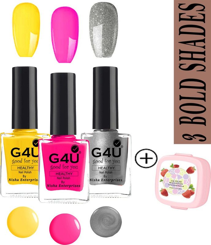 G4U Nail Polishes 3 Indian Bold Shades Nail Paints Set NE05072022A46 Fuchsia Pink, Lemon Yellow, Vegas Night  (Pack of 4)