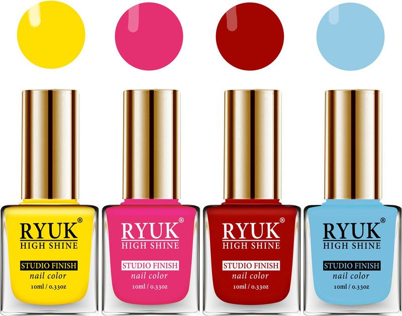 RYUK HD Colors Long Lasting Glossy Gel Effect Nail Paint 40 ml (RYNP-238) Yellow, Passion Pink, Red, Sky Blue  (Pack of 4)