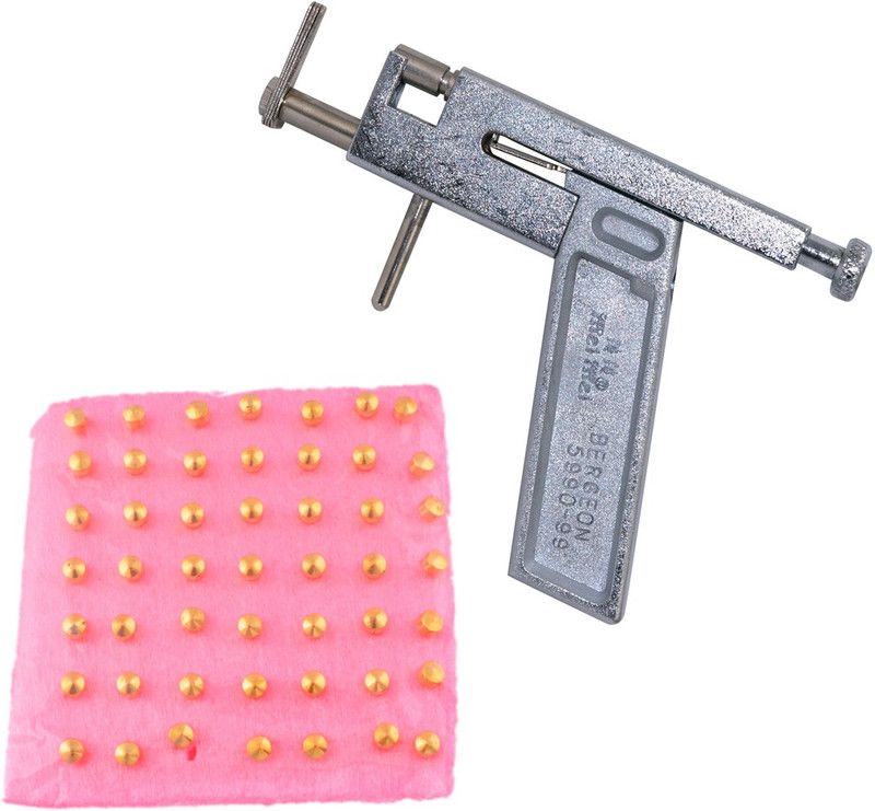 GadgetsDen Professional Stainless Steel Ear Nose Body Piercing Gun Shots Tool Kit Set + 96 Pcs Gold Plated Studs Set Permanent Tattoo Kit
