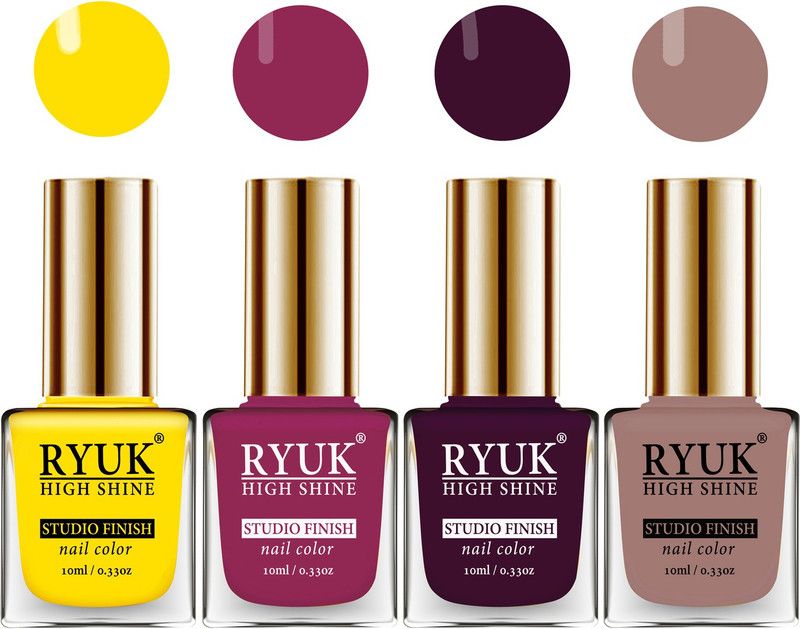 RYUK HD Colors Long Lasting Glossy Gel Effect Nail Paint 40 ml (RYNP-205) Yellow, Dark Magenta, Wine, Brown  (Pack of 4)