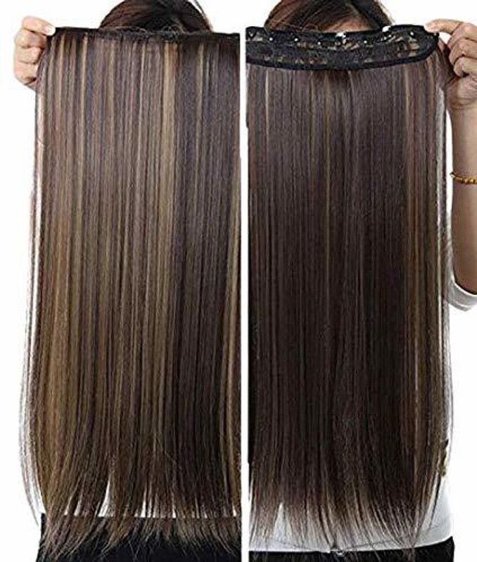 DELORUS Imported Quality 5 Clip Extensions For Women and Girls Straight 24 Inch Brown with Golden Highlight Hair Extension