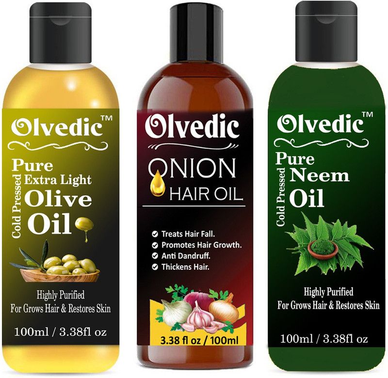 Olvedic Natural Extra Olive Oil & Onion Oil & Neem Oil 300 ml Hair Oil  (300 ml)