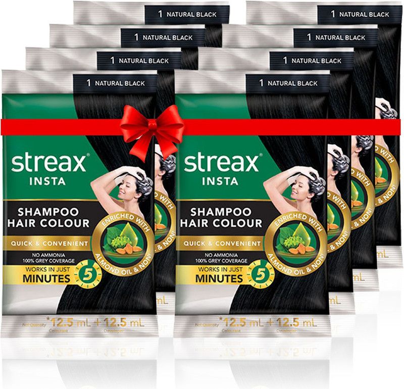 Streax Insta Shampoo Hair Colour-Natural Black(Pack of 8) , Natural Black