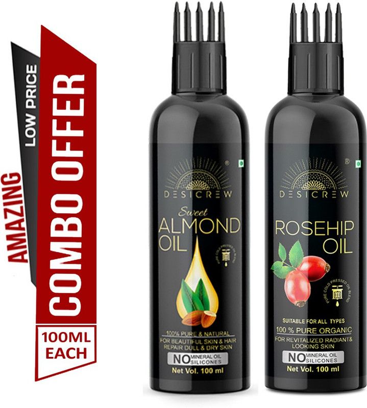 Desi Crew 100 % Pure Sweet Almond & Rosehip oil - WITH COMB APPLICATOR - Cold Pressed - For Skin , Body & Hair Care Combo Of 2 Bottle 200 ml Hair Oil  (200 ml)