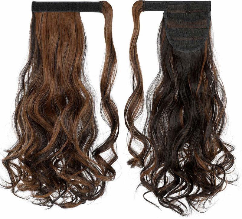 Foreign Holics Ponytail Extension Long Curly Straight Wrap Around Pony Tails Clip in Piece Synthetic for Women Girls Brown Golden Highlight Hair Extension