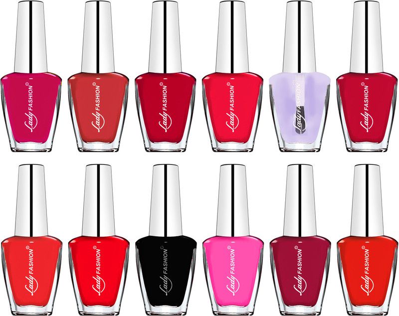 Lady Fashion Color Splash Modern Women Exclusive Nail Polish Combo Mauve, Nude, Carrot Red, Fantasy Falir, Red, Tan, Maroon, Top Coat, Orange, Summ  (Pack of 12)