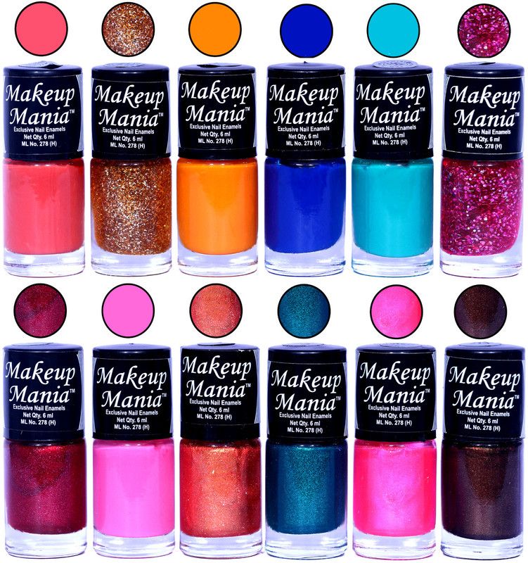 Makeup Mania HD Color Nail Polish Set of 12 Pcs (Combo MM-115) Peach, Golden, Orange, Blue, Turqoise, Pink Glitter, Copper, Green Shimmer, Brown  (Pack of 12)