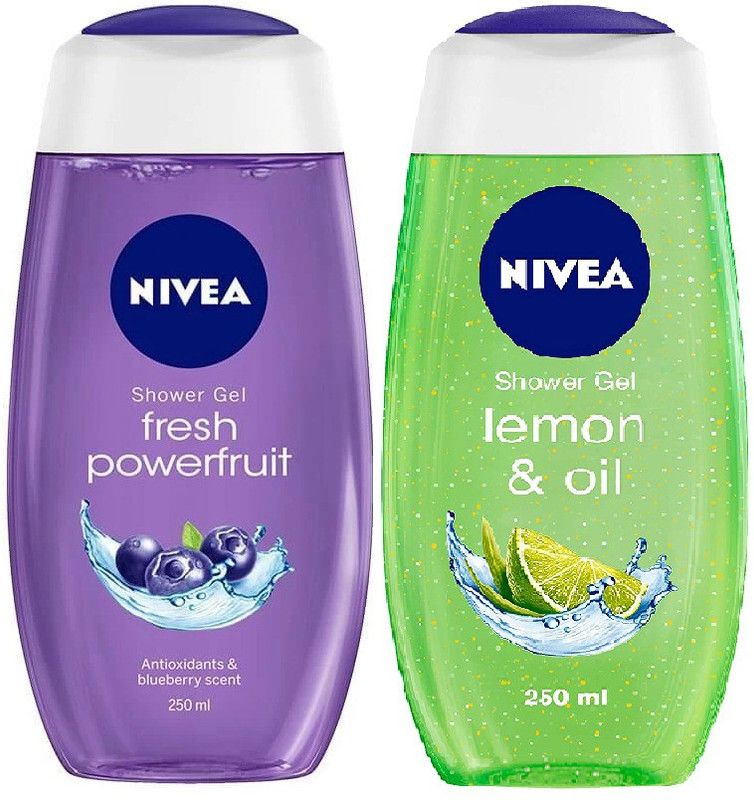 NIVEA 1 Fresh Power Fruit Antioxidants & Blueberry Scent Shower Gel And 1 Lemon & oil Care Oil Pearls Revitalizing Scent of Lemon 250 ml Pack of 2  (2 x 250 ml)