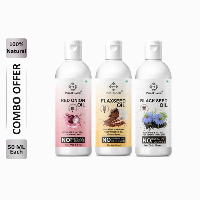 PuriFlame 100% Pure Red Onion Oil 50ML & Flaxseed Oil 50ML & Blackseed Oil 50ML Combo For Rapid Hair Growth, Anti Hair Fall, Split Ends & Promotes Softer & Shinier Hair (Pack Of 3) Hair Oil  (150 ml)
