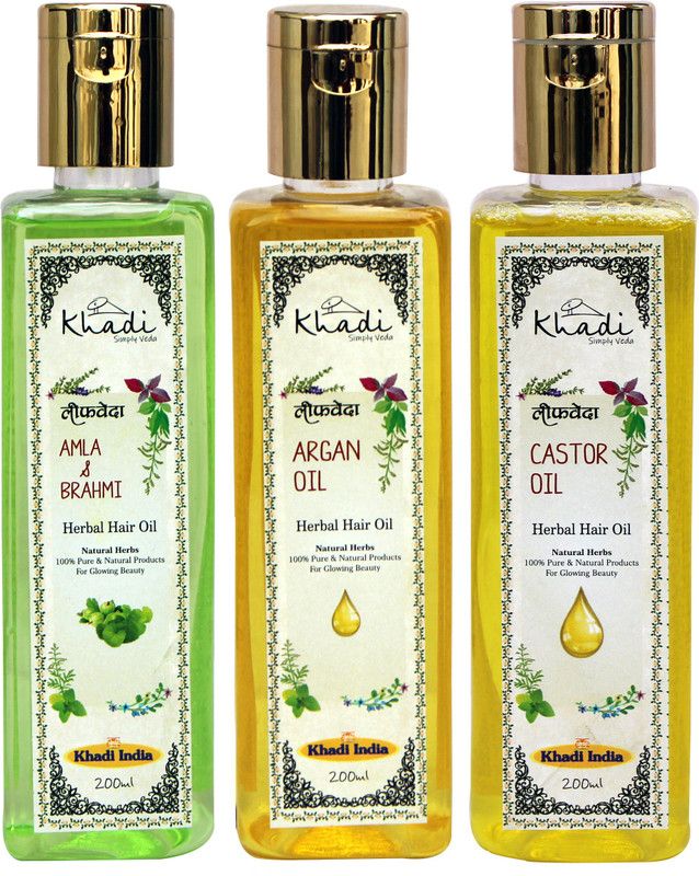 Leafveda Khadi Herbal and Natural Amla-Brahmi and Argan Oil, Castor Hair Oil Pack of 3 Hair Oil  (600 ml)