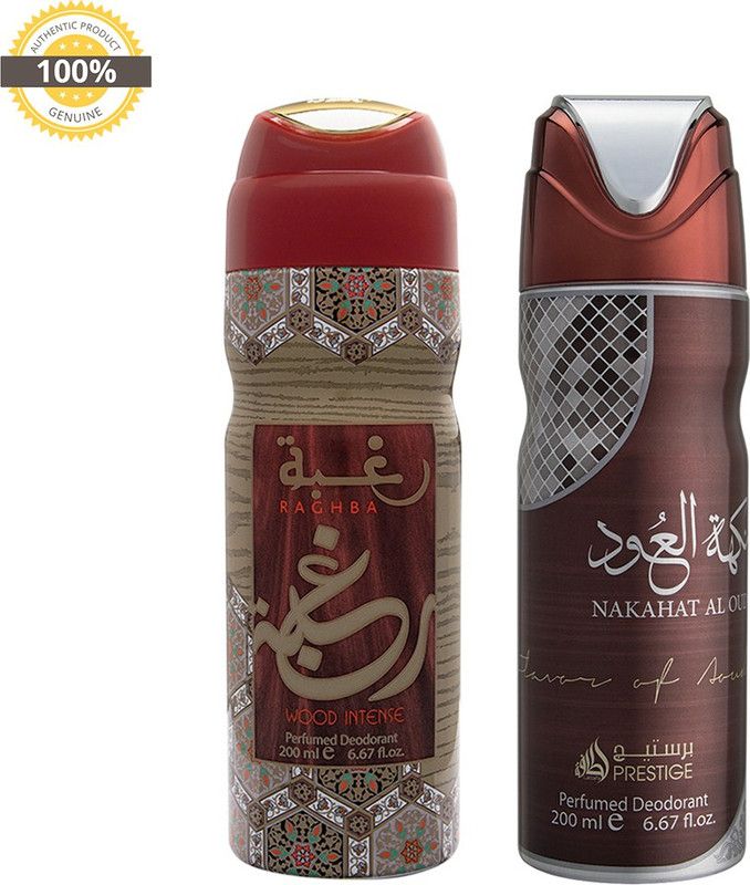 Lattafa RAGHBA WOOD INTENSE NAKAHAT AL OUD DEO Perfume Body Spray - For Men & Women  (400 ml, Pack of 2)