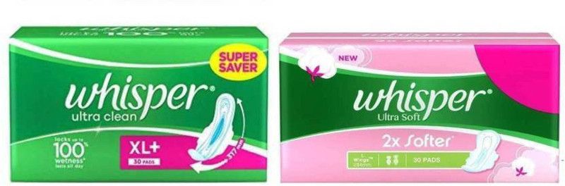 Whisper Ultra Clean and Ultra Soft (30+30) Sanitary Pad (Pack of 2) Sanitary Pad  (Pack of 2)