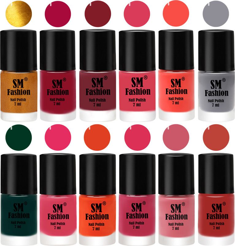 SM FASHION Gloss Shine Summer to Spring Collection Nail Polish Combo of 12 Pc in Wholesale Price Golden-Raspberry-Lip-Rose-Coral-Gray-Dark Green-Dark Rose Pink-Reddish Orange -Dusty Pink-Nude Pink-Dark Nude  (Pack of 12)