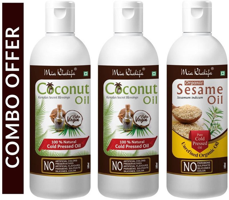 Mia Khalifa 100 % Pure Coconut Oil, Natural Kerala Cold Pressed Oil for Skin, Hair Regrowth, Eyebrows, Eyelashes, Lips, nails 100 ML X 2 (200 ML) + 100 % Pure and Natural Organic Sesame Oil for Skin and Hair 100 ML Hair Oil  (300 ml)