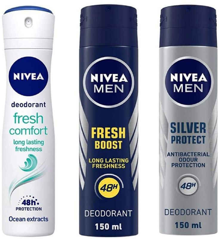 NIVEA Fresh Comfort Deo 150 ml , Fresh Boost Deo 150 Ml , Silver Protect Deo 150 ml (Pack of 3) Deodorant Spray - For Men & Women  (450 ml, Pack of 3)