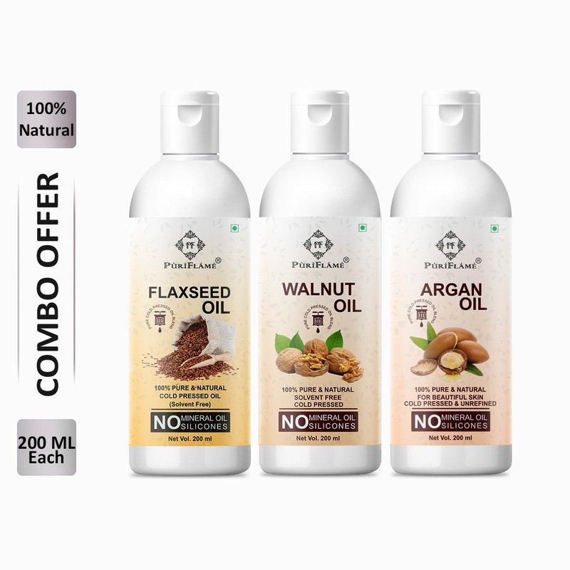 PuriFlame 100% Pure Flaxseed Oil 200ML & Walnut Oil 200ML & Argan Oil 200ML Combo For Rapid Hair Growth, Anti Hair Fall, Split Ends & Promotes Softer & Shinier Hair (Pack Of 3) Hair Oil  (600 ml)