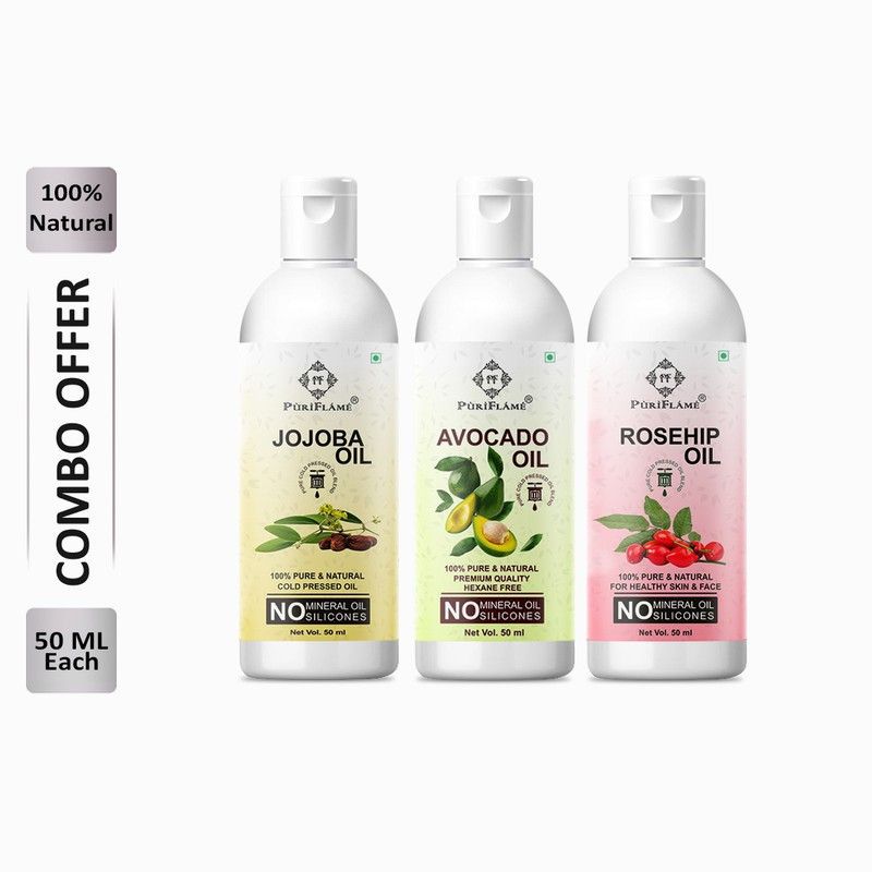 PuriFlame 100% Pure Jojoba Oil 50ML & Avocado Oil 50ML & Rosehip Oil 50ML Combo For Rapid Hair Growth, Anti Hair Fall, Split Ends & Promotes Softer & Shinier Hair (Pack Of 3) Hair Oil  (150 ml)