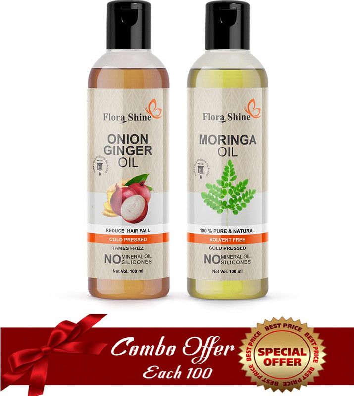 flora shine 100 % Pure & Natural Onion Ginger & Moringa Oil Combo of 2 No.100 ml Bottles, Hair Oil (200 ml) Hair Oil (200 ml) Hair Oil  (200 ml)