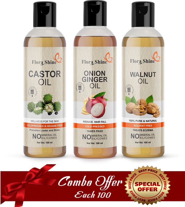 flora shine 100 % Pure & Natural Castor & Onion Ginger & Walnut Oil Combo of 3 No.100 ml Bottles, Hair Oil (300 ml) Hair Oil (300 ml) Hair Oil  (300 ml)