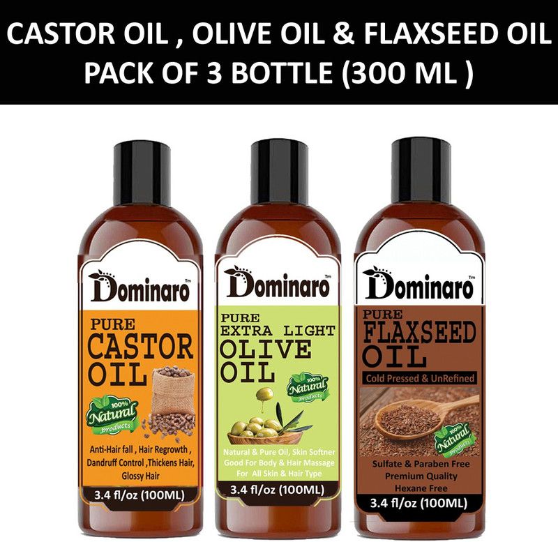 Dominaro 100 % Pure & Natural Castor Oil & Olive Oil & Flaxseed Oil (Combo Pack of 3 Bottle 300ml) Hair Oil  (300 ml)