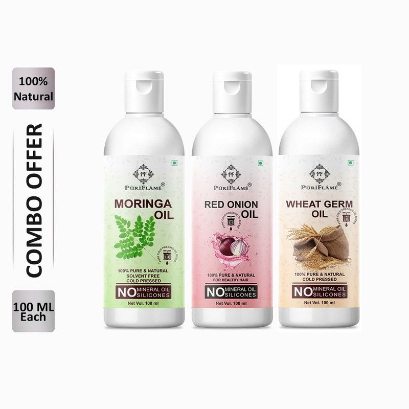 PuriFlame 100% Pure Moringa Oil 100ML & Red Onion Oil 100ML & Wheat Germ Oil 100ML Combo For Rapid Hair Growth, Anti Hair Fall, Split Ends & Promotes Softer & Shinier Hair (Pack Of 3) Hair Oil  (300 ml)