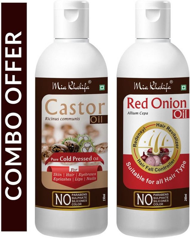 Mia Khalifa 100% Pure Castor Hair Oil, Cold Pressed, To Support Hair Growth 150 ML + Red Onion Oil with Redensyl + Hair Revitalizer, Hair Regrowth & Hair Fall Control Hair Oil 200 ML (Set of 2 Bottle) (350 ML) Hair Oil  (350 ml)