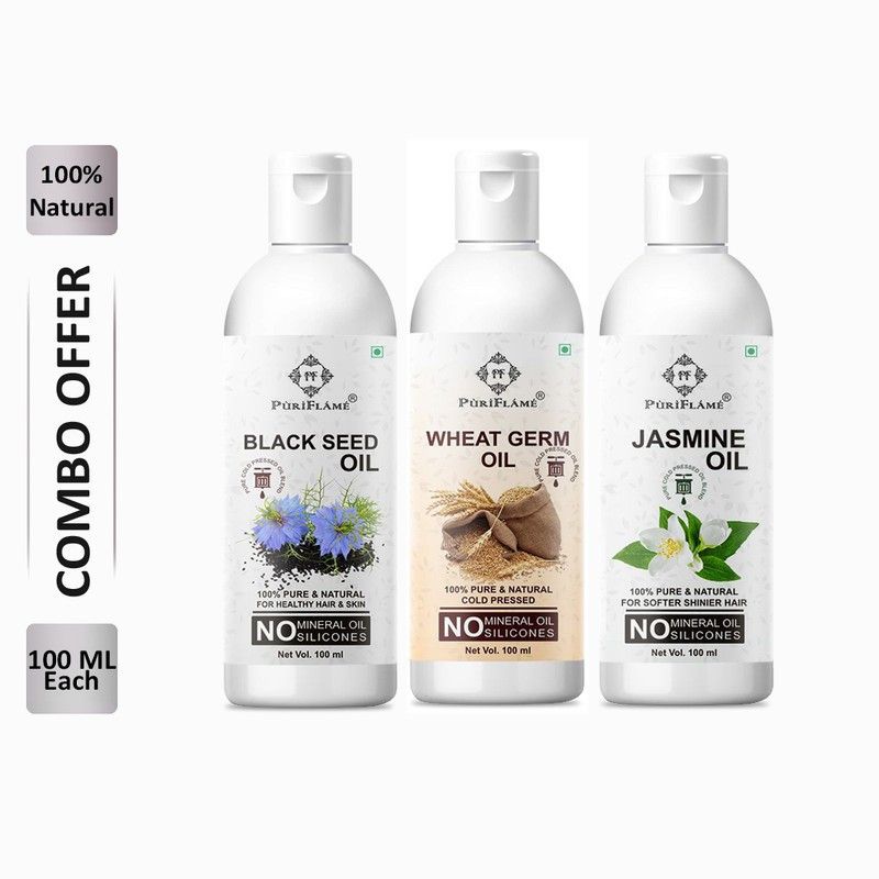 PuriFlame 100% Pure Blackseed Oil 100ML & Wheat Germ Oil 100ML & Jasmine Oil 100ML Combo For Rapid Hair Growth, Anti Hair Fall, Split Ends & Promotes Softer & Shinier Hair (Pack Of 3) Hair Oil  (300 ml)