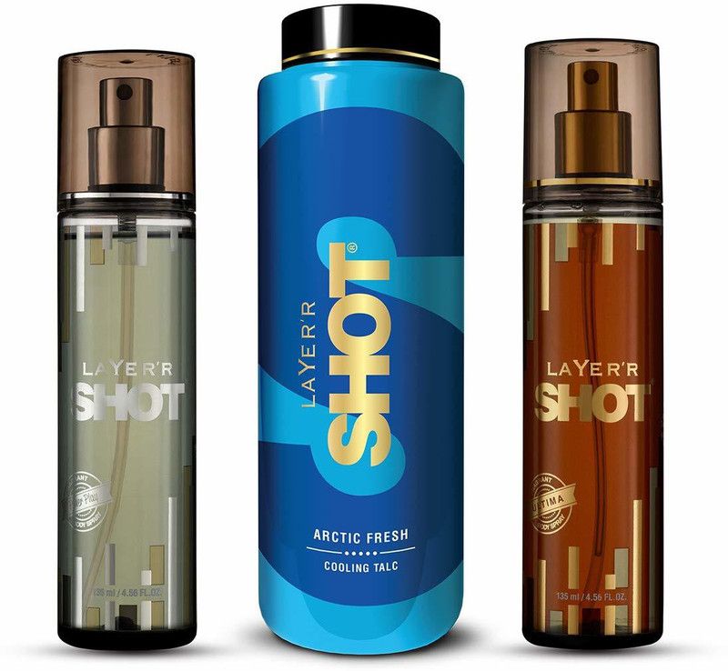 LAYER'R SHOT ULTIMA (135ML), ARCTIC FRESH TALC (100g), ICONIC (135ML) Body Spray - For Men & Women  (135 ml, Pack of 2)