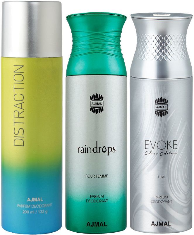 Ajmal Distraction, Raindrops and Evoke Silver Men & Women Deos each 200ML Deodorant Spray - For Men & Women  (600 ml, Pack of 3)