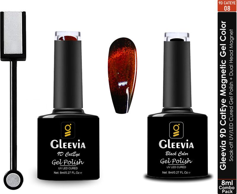 Gleevia 9D Cat's Eye UV Gel Polish | Magnetic Gel 9D08 with Black Gel & Magnet 8ml Combo Color: Orangy Red  (Pack of 3)