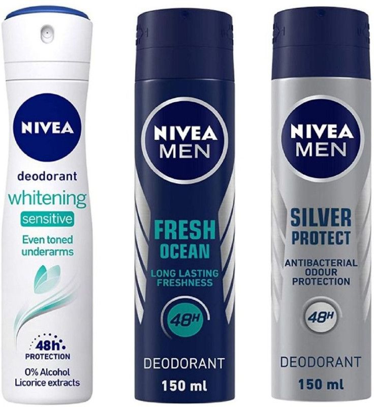 NIVEA Whitening Sensitive Deo 150 ml , Fresh Ocean Deo 150 Ml , Silver Protect Deo 150 ml (Pack of 3) 20 Deodorant Spray - For Men & Women  (450 ml, Pack of 3)