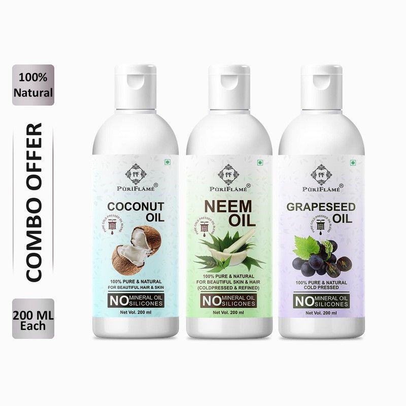 PuriFlame 100% Pure Coconut Oil 200ML & Neem Oil 200ML & Grapeseed Oil 200ML Combo Hair Oil  (600 ml)